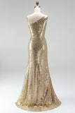 Sparkly Gold Mermaid Sequins One Shoulder Ruched Long Formal Dress with Slit