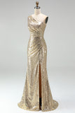 Sparkly Gold Mermaid Sequins One Shoulder Ruched Long Formal Dress with Slit
