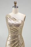 Sparkly Gold Mermaid Sequins One Shoulder Ruched Long Formal Dress with Slit