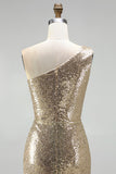 Sparkly Gold Mermaid Sequins One Shoulder Ruched Long Formal Dress with Slit