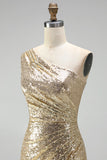 Sparkly Gold Mermaid Sequins One Shoulder Ruched Long Formal Dress with Slit