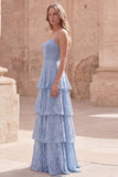 Dusty Blue A-Line Spaghetti Straps Ruffled Tiered Lace Maxi Dress with Appliques
