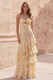 Yellow Flower Mermaid Sweetheart Hollow Ruffled Tiered Long Prom Dress