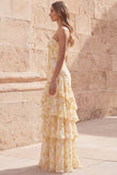 Yellow Flower Mermaid Sweetheart Hollow Ruffled Tiered Long Prom Dress