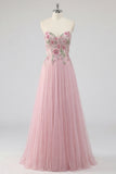 Sparkly Pink A-Line Sweetheart Floral Tulle Long Formal Dress with Beading