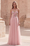 Sparkly Pink A-Line Sweetheart Floral Tulle Long Formal Dress with Beading