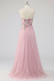 Sparkly Pink A-Line Sweetheart Floral Tulle Long Formal Dress with Beading