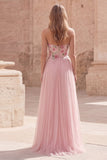 Sparkly Pink A-Line Sweetheart Floral Tulle Long Formal Dress with Beading