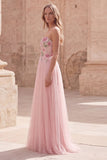 Sparkly Pink A-Line Sweetheart Floral Tulle Long Formal Dress with Beading