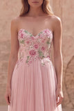 Sparkly Pink A-Line Sweetheart Floral Tulle Long Formal Dress with Beading