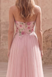 Sparkly Pink A-Line Sweetheart Floral Tulle Long Formal Dress with Beading