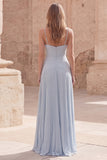 Sky Blue A-Line Spaghetti Straps Pleated Long Prom Dress