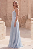 Sky Blue A-Line Spaghetti Straps Pleated Long Prom Dress