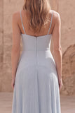 Sky Blue A-Line Spaghetti Straps Pleated Long Prom Dress