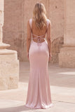 Pink Mermaid Spaghetti Straps Satin Long Prom Dress with Lace-up Back