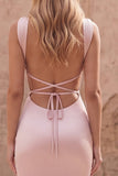 Pink Mermaid Spaghetti Straps Satin Long Prom Dress with Lace-up Back