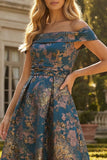 Peacock Blue A Line Off the Shoulder Asymmetrical Floral Formal Dress