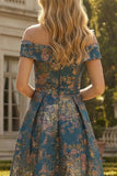 Peacock Blue A Line Off the Shoulder Asymmetrical Floral Formal Dress