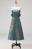 Peacock Blue Jacquard Strapless A Line Long Formal Dress with Bow