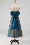 Peacock Blue Jacquard Strapless A Line Long Formal Dress with Bow