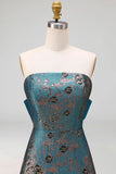 Peacock Blue Jacquard Strapless A Line Long Formal Dress with Bow