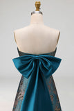 Peacock Blue Jacquard Strapless A Line Long Formal Dress with Bow