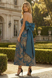 Peacock Blue Jacquard Strapless A Line Long Formal Dress with Bow
