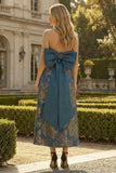 Peacock Blue Jacquard Strapless A Line Long Formal Dress with Bow