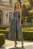 Peacock Blue Jacquard Strapless A Line Long Formal Dress with Bow