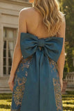 Peacock Blue Jacquard Strapless A Line Long Formal Dress with Bow