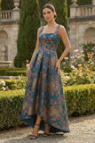 Peacock Blue A Line Sqaure Neck Asymmetrical Formal Dress