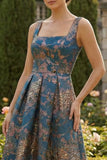 Peacock Blue A Line Sqaure Neck Asymmetrical Formal Dress