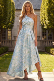 Peacock Blue Jacquard Ruched A Line Asymmetrical Floral Formal Dress