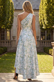 Peacock Blue Jacquard Ruched A Line Asymmetrical Floral Formal Dress