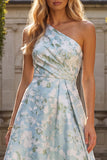 Peacock Blue Jacquard Ruched A Line Asymmetrical Floral Formal Dress