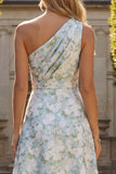 Peacock Blue Jacquard Ruched A Line Asymmetrical Floral Formal Dress