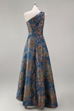 Peacock Blue Jacquare One Shoulder A Line Asymmetrical Floral Formal Dress