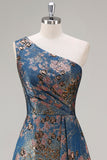 Peacock Blue Jacquare One Shoulder A Line Asymmetrical Floral Formal Dress