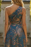 Peacock Blue Jacquare One Shoulder A Line Asymmetrical Floral Formal Dress