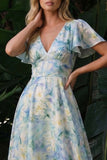 Light Green Floral V-Neck A Line Long Formal Dress