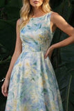 Light Green A Line Boat Neck Floral Long Formal Dress