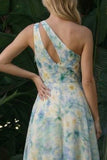 Light Green A Line Cut Out Long Floral Formal Dress with Slit