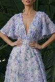 Light Purple V-Neck Backless Long Floral A Line Formal Dress