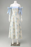 Light Blue Long Floral A Line Formal Dress with Bows
