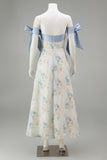 Light Blue Long Floral A Line Formal Dress with Bows