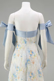 Light Blue Long Floral A Line Formal Dress with Bows