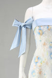 Light Blue Long Floral A Line Formal Dress with Bows