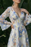 Light Blue A Line Long Sleeves Floral V-Neck Formal Dress