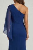 Dark Blue One Shoulder Mermaid Long Mother of the Bride Dress with Slit
