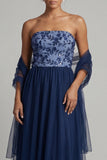 Navy A Line Strapless Long Tulle Mother of the Bride Dress with Streamer